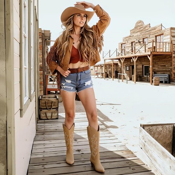 Women Camel Polyurethane Embroidered Chunky Stacked Heel Knee High Western Boots - Picture 4 of 6